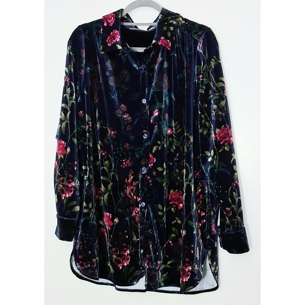 Belle By Kim Gravel Tunic XL Womens Blue Floral Velvet Long Sleeve Button Down